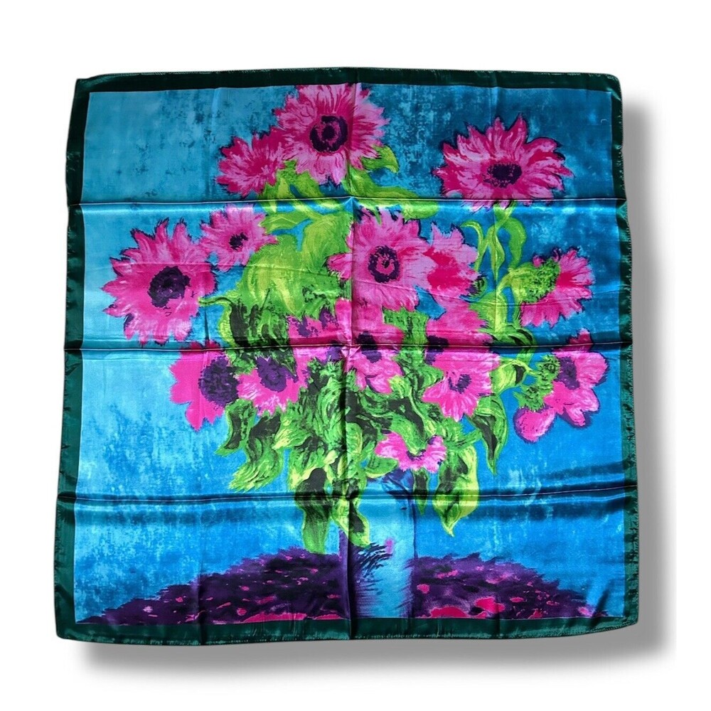 Blue Square Scarf & Pink Sunflowers 35” X 35”Women Headscarf Unisex Scarve